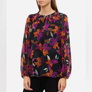 Calvin Klein Women’s Floral Chiffon Blouse Long‎ Sleeve Multicolor Lined Size 1X